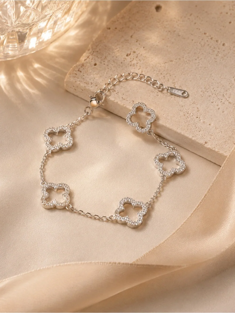 Silver Clover Link Bracelet with Crystals